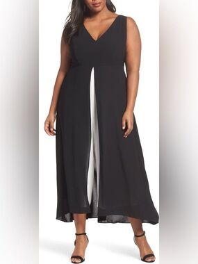 EUC Adrianna Papell Elegant Breezy Chic Wide Leg Skirted Jumpsuit Black White 16